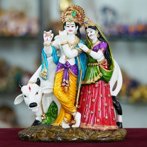 Marble Krishna Radha Statue with Cow for Home Decor